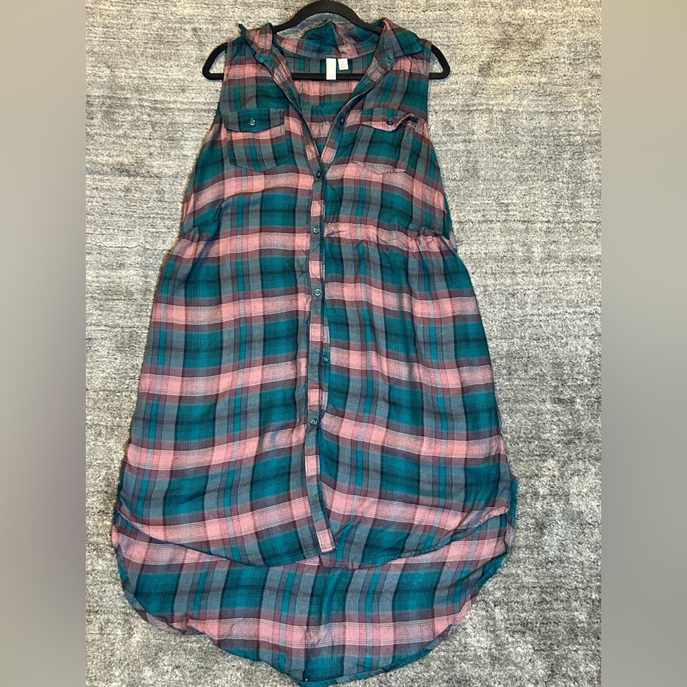 bp Girls Teal and Pink Plaid Button-Front Dress